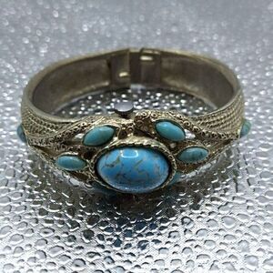 A Vintage Hidden Watch Clamper Bracelet Southwestern Faux Turquoise Cowgirl READ
